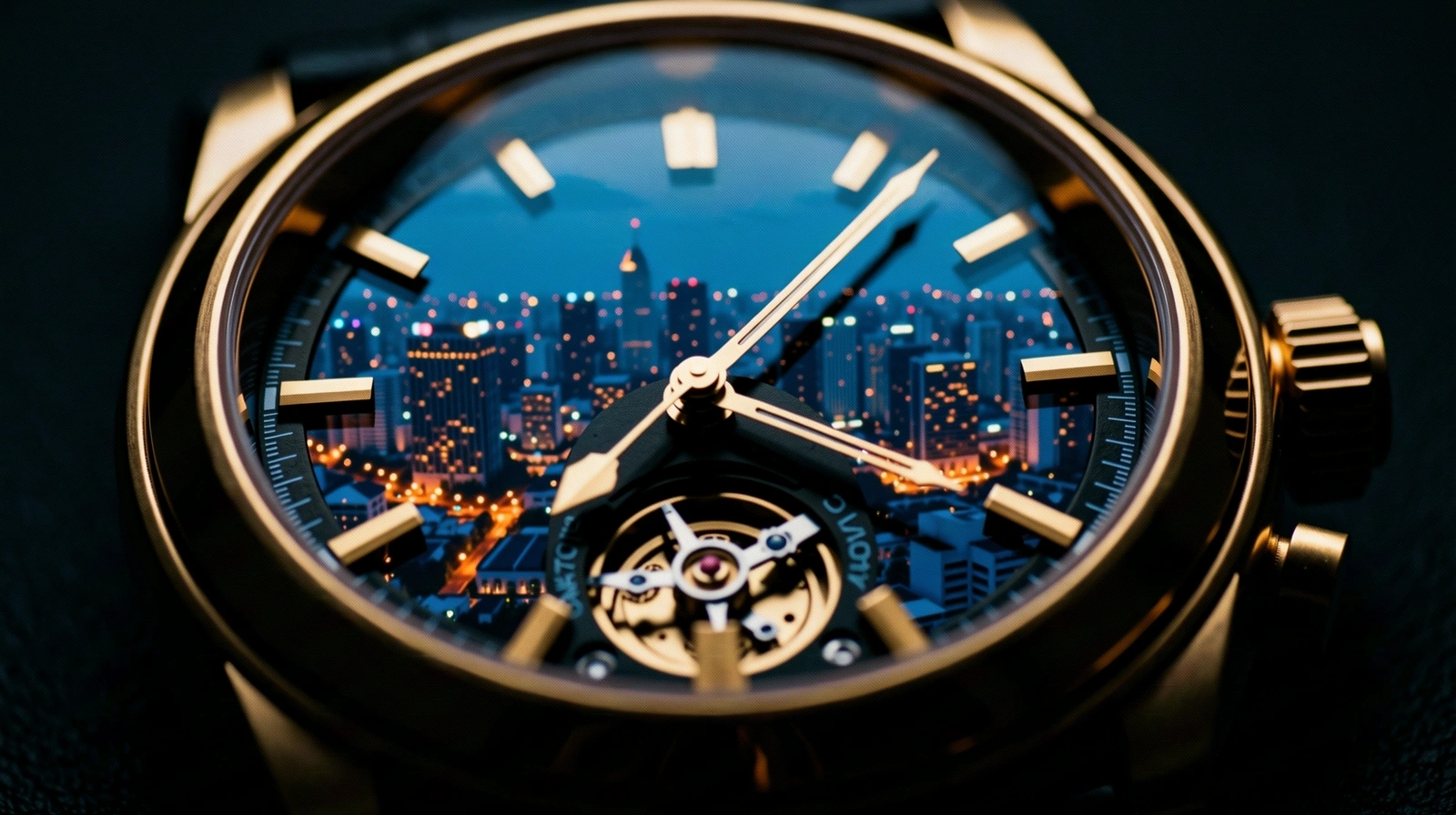 Premium timepiece reflecting urban lights